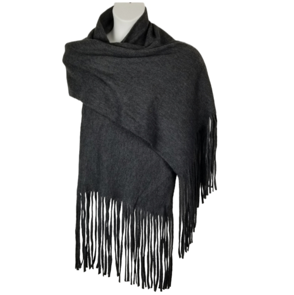 Lucky Brand Blanket Scarf Thick Knit Gray Long Fringe Wide Neutral Gray Soft